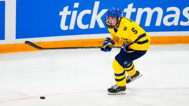 Tom Willander of Sweden in action during the semi final of U18 Ice Hockey World Championship match between Sweden and Canada at St. Jakob-Park on April 29, 2023 in Basel, Switzerland. (Photo by Jari Pestelacci/Eurasia Sport Images/Getty Images)