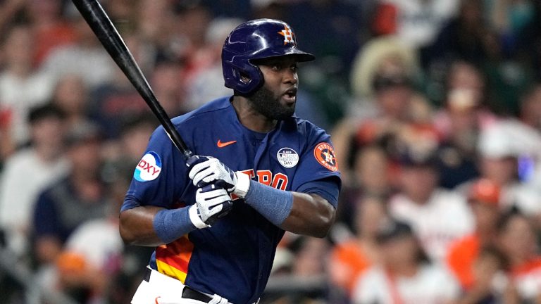 Houston Astros' Yordan Alvarez bats against the Los Angeles Angels during the seventh inning of a baseball game Friday, June 2, 2023, in Houston. (David J. Phillip/AP)