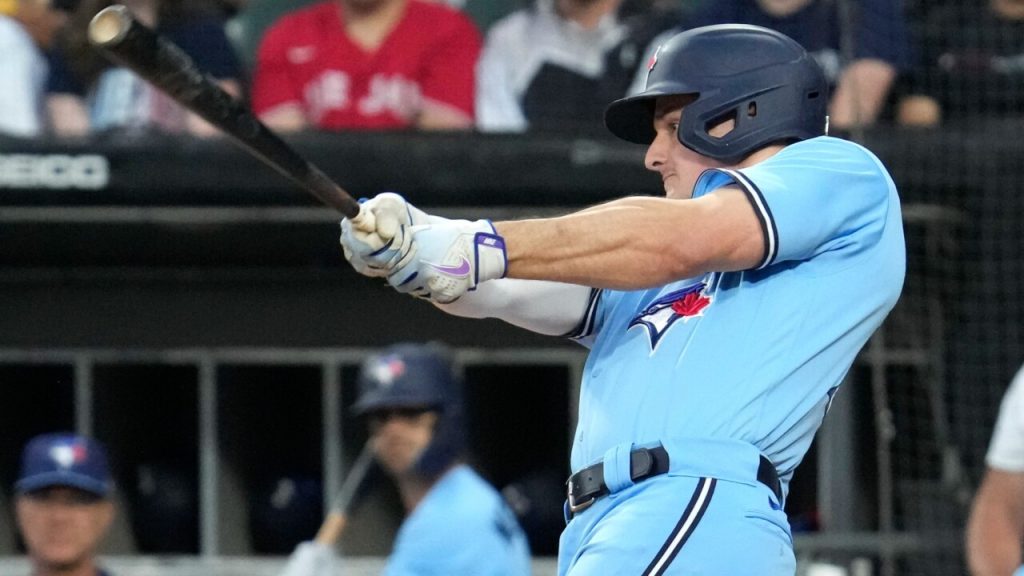 Toronto Blue Jays third baseman Matt Chapman (26) hits a single in the  seventh inning of American League baseball action against the New York  Yankees in Toronto on Saturday, June 18, 2022.