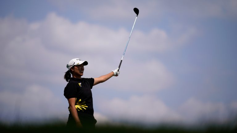 Annie Park reacts after her tee shot on the 12th hole during the first round of the ShopRite LPGA Classic golf tournament, Friday, June 9, 2023, in Galloway, N.J. (Matt Slocum/AP)