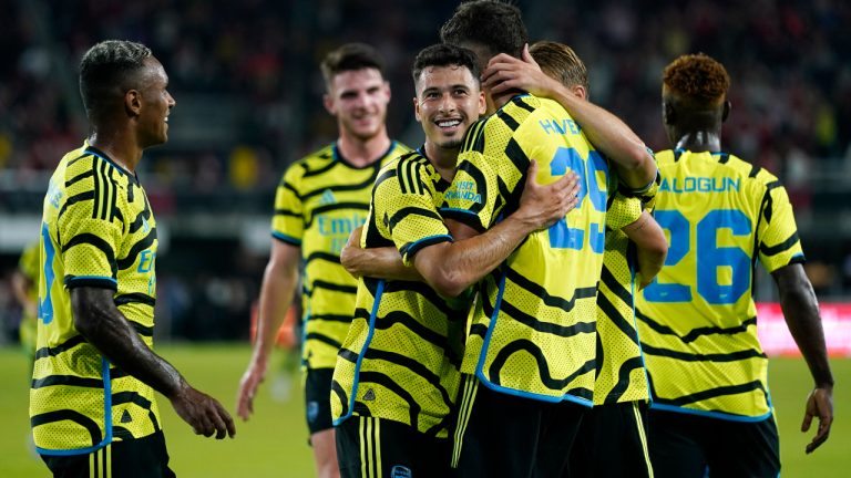 Teammates celebrate with Arsenal midfielder Kai Havertz (29) after he scored a goal in the second half of the MLS All-Star soccer match against the MLS All-Stars, Wednesday, July 19, 2023, in Washington. (Alex Brandon/AP)