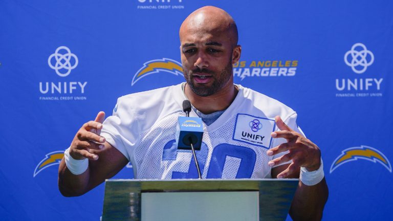 Los Angeles Chargers running back Austin Ekeler speaks in a press conference during the NFL football team's training camp, Thursday, July 27, 2023, in Costa Mesa, Calif. (Ryan Sun/AP)