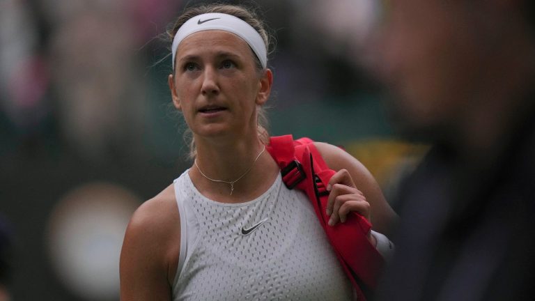 Victoria Azarenka of Belarus leaves the court after being defeated by Ukraine's Elina Svitolina in the women's singles match on day seven of the Wimbledon tennis championships in London, Sunday, July 9, 2023. (Alberto Pezzali/AP Photo)