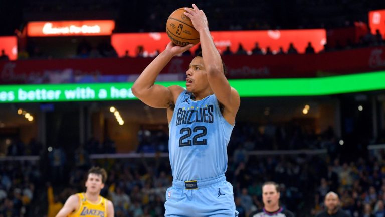 Memphis Grizzlies guard Desmond Bane shoots against the Los Angeles Lakers during the first half of Game 5 in a first-round NBA basketball playoff series Wednesday, April 26, 2023, in Memphis, Tenn. (Brandon Dill/AP Photo)