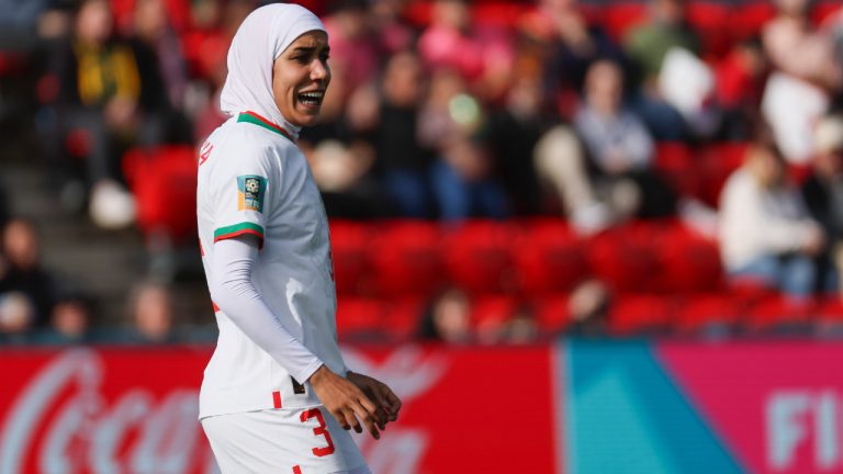 Morocco's Nouhaila Benzina reacts during the Women's World Cup Group H soccer match between South Korea and Morocco in Adelaide, Australia, Sunday, July 30, 2023. (James Elsby/AP)