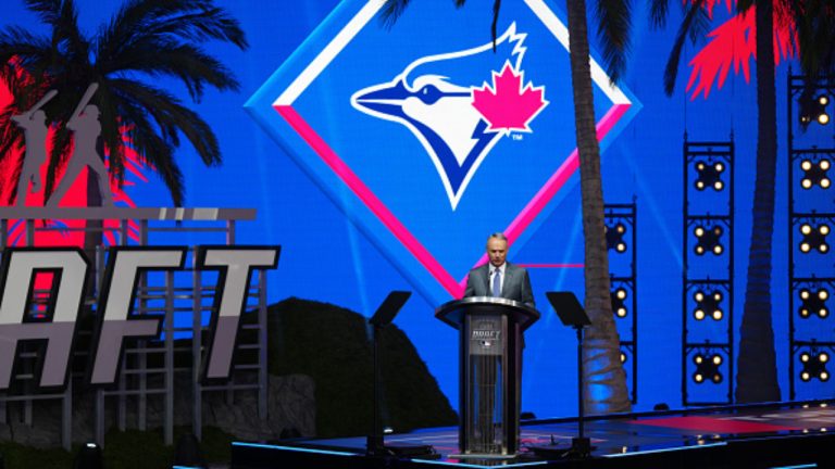 Commissioner Robert D. Manfred announces the 23rd pick for the Toronto Blue Jays during the 2022 Major League Baseball Draft at L.A. Live on Sunday, July 17, 2022 in Los Angeles, California. (Photo by Daniel Shirey/MLB Photos via Getty Images)