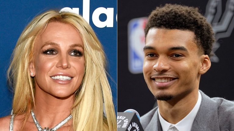 Britney Spears appears at the 29th annual GLAAD Media Awards in Beverly Hills, Calif., on April 12, 2018, left, and San Antonio Spurs NBA basketball first round draft pick Victor Wembanyama speaks during a news conference in San Antonio on June 24, 2023. Wembanyama said Thursday, July 6, 2023, that he believes Britney Spears grabbed him from behind as he was walking into a restaurant at a Las Vegas casino, and that the security detail he was with pushed the pop star away. (AP Photos by Chris Pizzello, left, and Eric Gay, File)