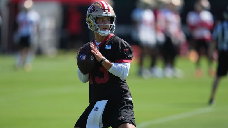 San Francisco 49ers quarterback Brock Purdy passes during the NFL team's football training camp in Santa Clara, Calif., Thursday, July 27, 2023. (Jeff Chiu/AP)