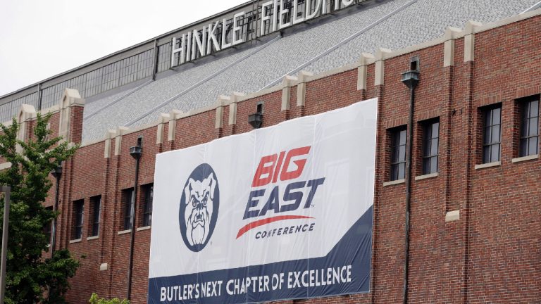 A banner on the side of Hinkle Fieldhouse on the campus of Butler University announces the schools change to the Big East Conference, in Indianapolis, Tuesday, July 2, 2013. (Michael Conroy/AP)