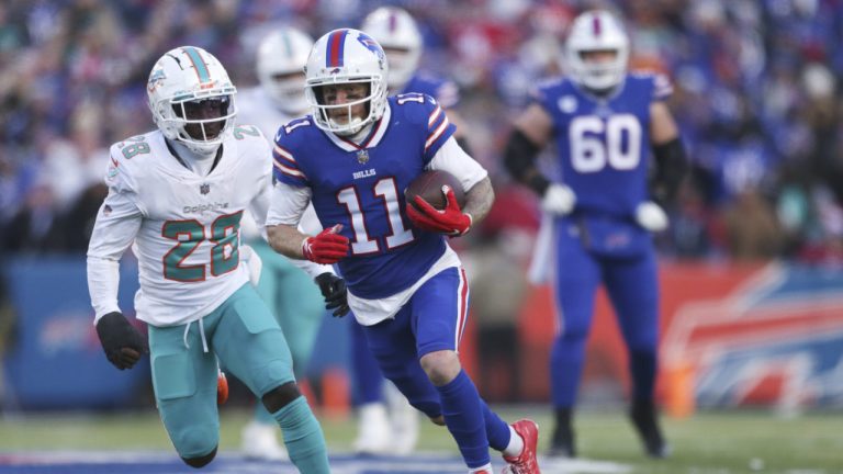 Former Buffalo Bills wide receiver Cole Beasley (11), centre, breaks free from Miami Dolphins cornerback Kader Kohou (28) during the second half of an NFL wild-card playoff football game, Sunday, Jan. 15, 2023, in Orchard Park, N.Y. (Joshua Bessex/AP)