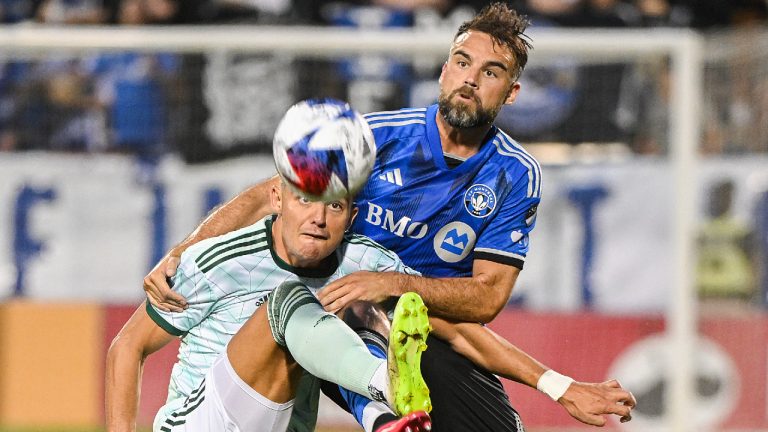 CF Montreal's Rudy Camacho, right, challenges Atlanta United's Miguel Berry during second half MLS soccer action in Montreal, Saturday, July 8, 2023. (Graham Hughes/CP)