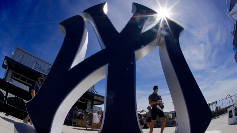 A giant New York Yankee logo greets baseball fans inside George M. Steinbrenner Field before a spring training exhibition baseball game between the New York Yankees and the Detroit Tigers in Tampa, Fla., Friday, March 5, 2021. (AP)