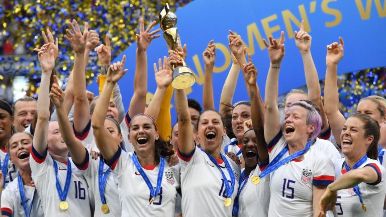 USA’s teammates celebrate with the FIFA Women's world cup trophy at the end of the 2019 FIFA Women's World Cup France final match USA v Netherlands at Stade de Lyon on July 7, 2019 in Lyon, France.Photo by Christian Liewig/ABACAPRESS.COM