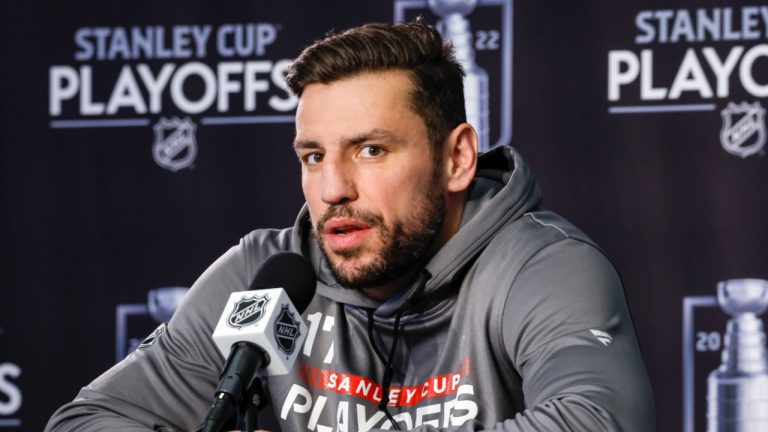 Milan Lucic speaks at a during a media availability in Edmonton, Monday, May 23, 2022. (Jeff McIntosh/CP)