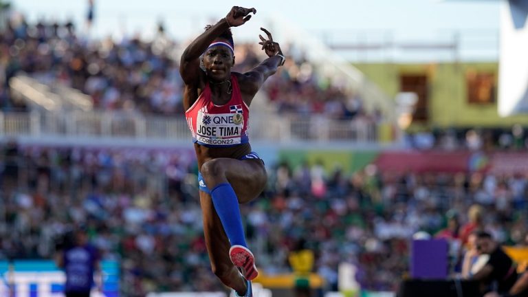 Ana Jose Timas, of Dominican Republic, competes in the qualification rounds of the women's triple jump at the 2020 Summer Olympics, Friday, July 30, 2021, in Tokyo. (AP Photo/David J. Phillip)