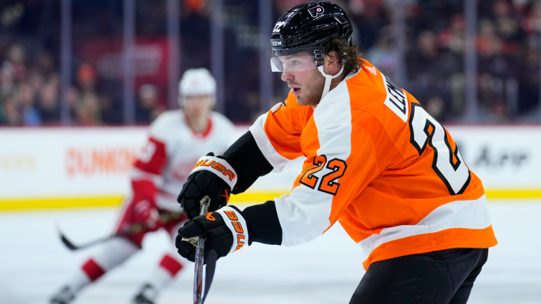 Philadelphia Flyers' Brendan Lemieux plays during the first period of an NHL hockey game against the Detroit Red Wings, Sunday, March 5, 2023, in Philadelphia. (AP)