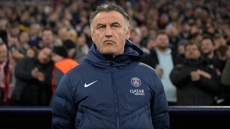 PSG's head coach Christophe Galtier stands prior to the start of the Champions League round of 16 second leg soccer match between Bayern Munich and Paris Saint Germain at the Allianz Arena in Munich, Germany, Wednesday, March 8, 2023. (AP Photo/Andreas Schaad)