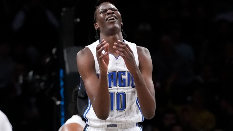 Orlando Magic center Bol Bol reacts during the first half of the team's NBA basketball game against the Brooklyn Nets, Friday, April 7, 2023, in New York. (Mary Altaffer/AP)