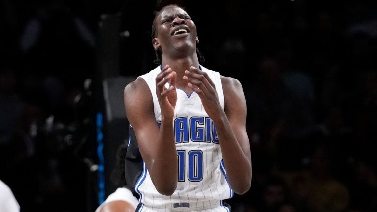 Orlando Magic centre Bol Bol reacts during the first half of the team's NBA basketball game against the Brooklyn Nets, Friday, April 7, 2023, in New York. (Mary Altaffer/AP) 