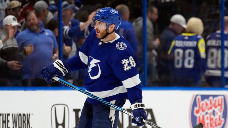 Defenceman Ian Cole (28) skates off after the team lost to the Toronto Maple Leafs during overtime in Game 4 of an NHL hockey Stanley Cup first-round playoff series Monday, April 24, 2023, in Tampa, Fla. (Chris O'Meara/AP) 