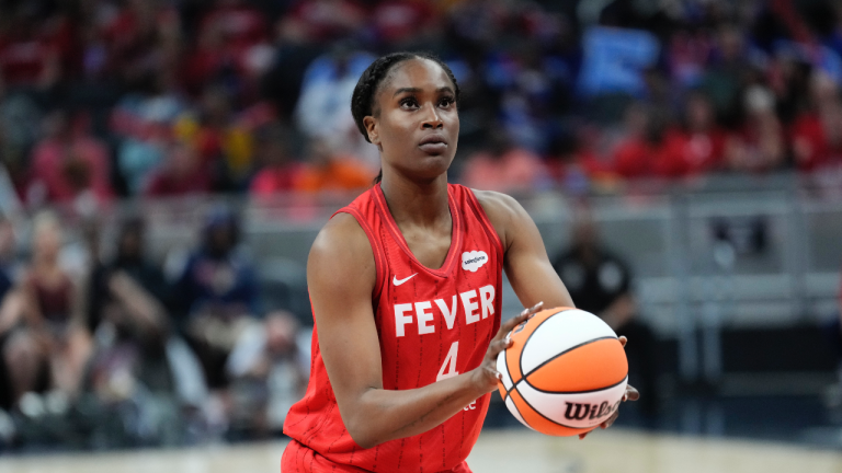 Queen Egbo (4) in action as the Connecticut Sun played the Indiana Fever during a WNBA basketball game, Friday, May 19, 2023, in Indianapolis. (AP Photo/AJ Mast)