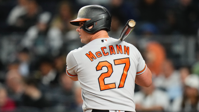 Baltimore Orioles' James McCann during the third inning of a baseball game against the New York Yankees Wednesday, May 24, 2023, in New York. (AP Photo/Frank Franklin II)