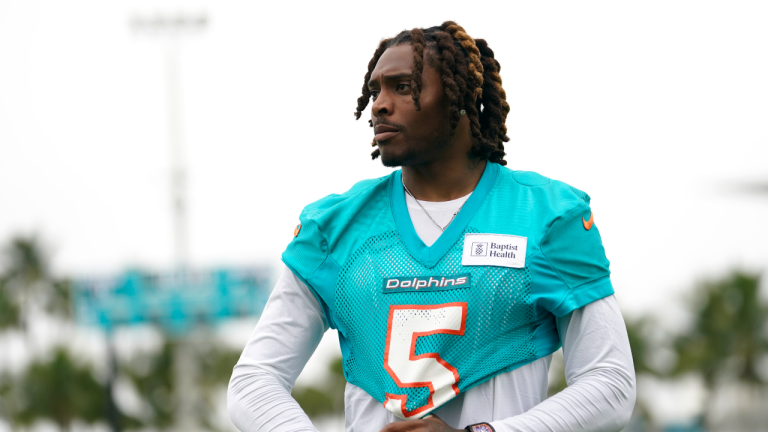 Miami Dolphins cornerback Jalen Ramsey (5) walks on the field after practice at the NFL football team's training facility, Tuesday, June 6, 2023, in Miami Gardens, Fla. (AP)