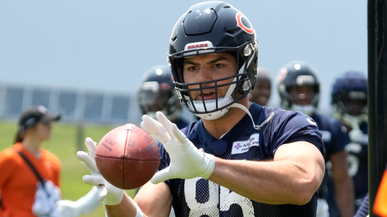 Chicago Bears tight end Cole Kmet works on the field during NFL football OTA practice in Lake Forest, Ill., Wednesday, June 7, 2023. (AP Photo)