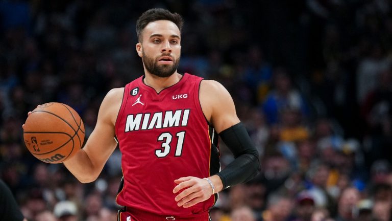 Miami Heat guard Max Strus against the Denver Nuggets during the first half of Game 5 of basketball's NBA Finals, Monday, June 12, 2023, in Denver. (Jack Dempsey/AP)