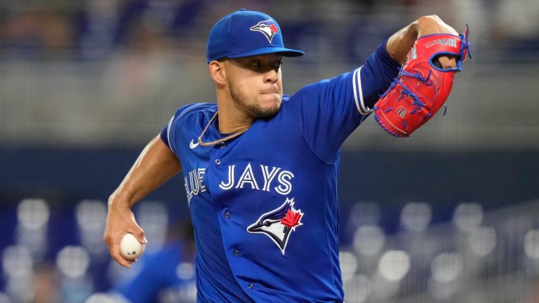 Toronto Blue Jays starting pitcher Jose Berrios throws during the first inning of a baseball game against the Miami Marlins, Monday, June 19, 2023, in Miami. (AP Photo/Lynne Sladky) 