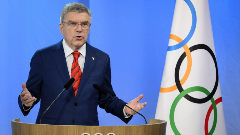 International Olympic Committee (IOC) President Thomas Bach speaks at the opening of the extraordinary hybrid 140th IOC Session of the International Olympic Committee (IOC), at the Olympic House, in Lausanne, Switzerland, Thursday, June 22, 2023. (Laurent Gillieron/Keystone via AP)