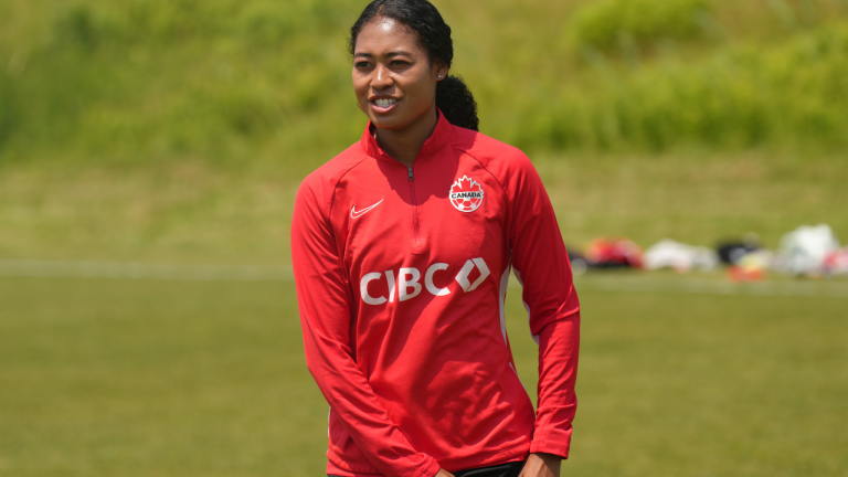 Jayde Riviere attends a training session as members of Canada women's soccer team prepare in Toronto on Wednesday June 21, 2023, before their departure to the Women's World Cup. Co-hosted by Australia and New Zealand (CP)