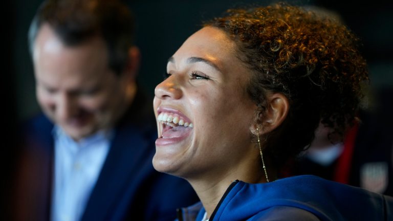 Trinity Rodman speaks with reporters during the 2023 Women's World Cup media day for the United States Women's National Team in Carson, Tuesday, June 27, 2023. (Ashley Landis/AP) 