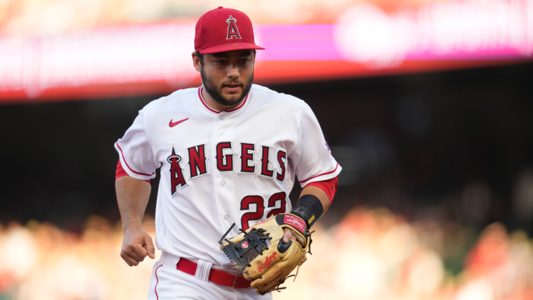 Shortstop David Fletcher (22) runs to the dugout in the middle of the first inning of a baseball game against the Arizona Diamondbacks in Anaheim, Calif., Friday, June 30, 2023. (Ashley Landis/AP)