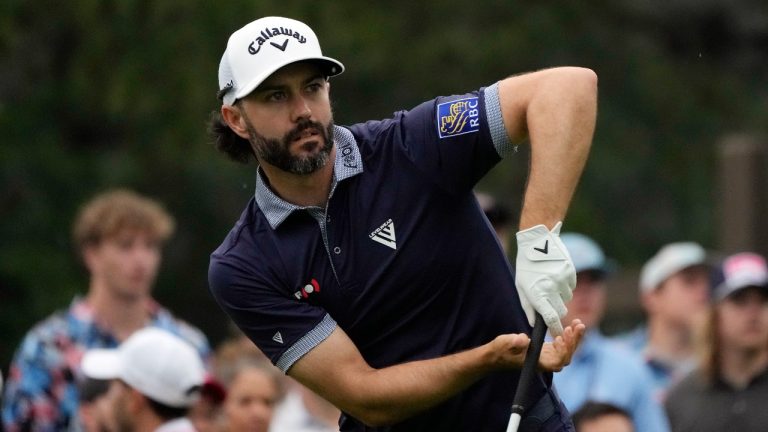 Adam Hadwin drives off the fourth tee during the final round of the Rocket Mortgage Classic golf tournament at Detroit Country Club, Sunday, July 2, 2023, in Detroit. (Carlos Osorio/AP Photo)