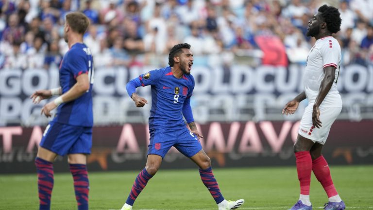 United States forward Jesús Ferreira reacts after missing a shot on goal against Trinidad and Tobago during the first half of a CONCACAF Gold Cup soccer match on Sunday, July 2, 2023, in Charlotte, N.C. (Chris Carlson/AP)