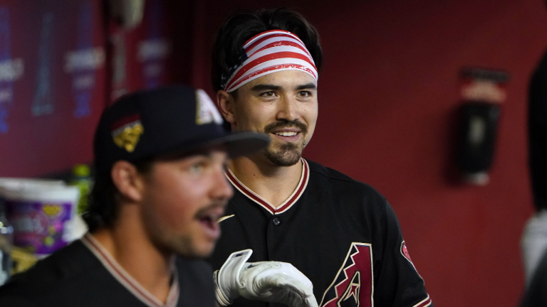 Arizona Diamondbacks' Corbin Carroll smiles after his home run against the New York Mets during the first inning of a baseball game Tuesday, July 4, 2023, in Phoenix. (AP)