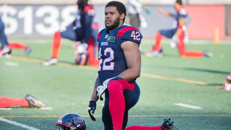 Montreal Alouettes' Tyrell Richards warms up prior to a CFL pre-season football game against the Ottawa Redblacks in Montreal, Friday, June, 3, 2022. It was a solid start to the CFL season for Richards. The linebacker received the top grade Thursday in the CFL's honour roll for the month of June. (Graham Hughes/AP)