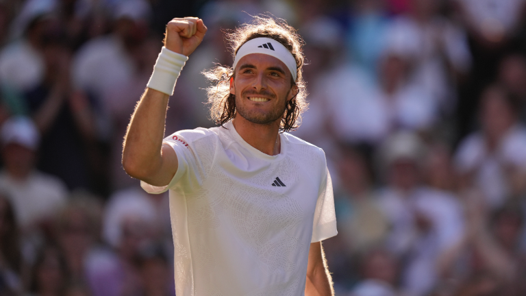 Stefanos Tsitsipas of Greece reacts after beating Britain's Andy Murray in a men's singles match on day five of the Wimbledon tennis championships in London, Friday, July 7, 2023. (AP Photo/Alberto Pezzali)