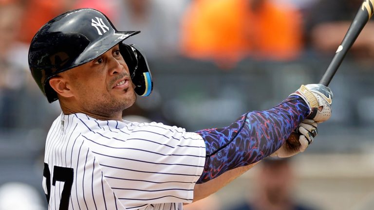 New York Yankees' Giancarlo Stanton hits a two-run home run during the fifth inning of a baseball game against the Chicago Cubs, Saturday, July 8, 2023, in New York. (Adam Hunger/AP)