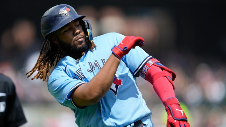 Toronto Blue Jays' Vladimir Guerrero Jr. reacts to flying out against the Detroit Tigers in the fourth inning of a baseball game, Saturday, July 8, 2023, in Detroit. (Paul Sancya/AP) 