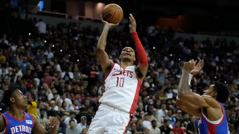 Houston Rockets' Jabari Smith Jr. shoots against the Detroit Pistons during the first half of an NBA summer league basketball game Sunday, July 9, 2023, in Las Vegas. (AP)