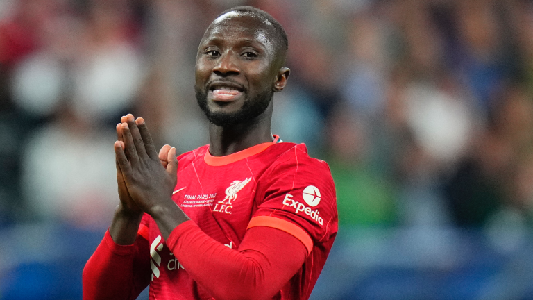 FILE - Liverpool's then player Naby Keita reacts during the Champions League final soccer match between Liverpool and Real Madrid at the Stade de France in Saint Denis near Paris, May 28, 2022. Former Liverpool midfielder Naby Keita will miss the start of the season for Werder Bremen after getting injured in pre-season. Bremen says the player will miss “several weeks” because of a groin injury he got while warming up for a friendly game against VfB Oldenburg on Sunday. (AP Photo/Petr David Josek, file)