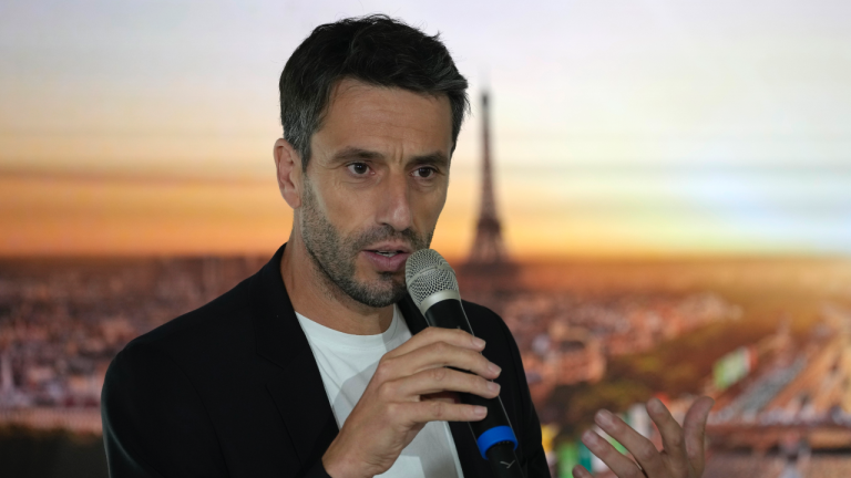 Paris 2024 Olympics Organizing Committee President Tony Estanguet speaks during a press conference at the headquarters of Paris 2024 in Saint-Denis, outside Paris, Tuesday, July 18, 2023. Estanguet said the operating budget for the 2024 Games is "under control" and that partnership deals are on track with one year to go before the opening ceremony. (AP Photo/Christophe Ena)