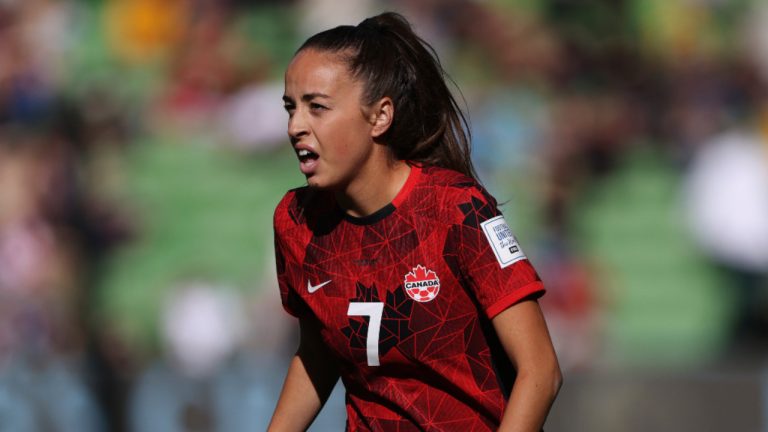 Canada's Julia Grosso in action during the Women's World Cup Group B soccer match between Nigeria and Canada in Melbourne, Australia, Friday, July 21, 2023. (Hamish Blair/AP) 