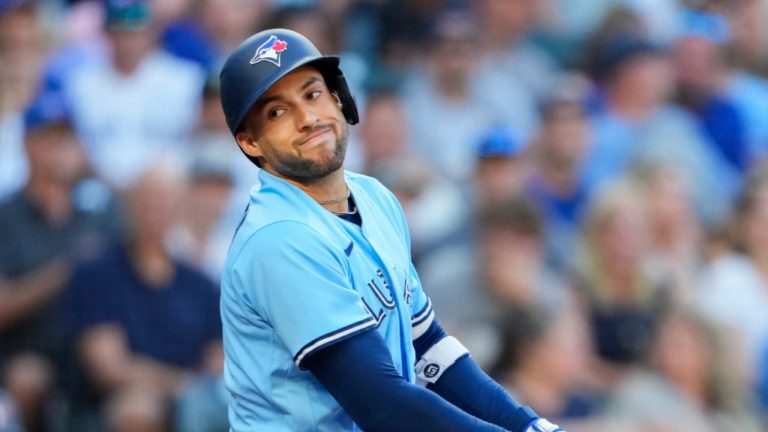 Toronto Blue Jays' George Springer reacts to a strike against the Seattle Mariners in a baseball game, Friday, July 21, 2023, in Seattle. (Lindsey Wasson/AP) 