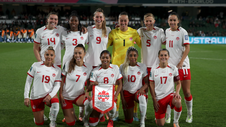 Team Canada pose for a group photo before the Women's World Cup Group B soccer match between Canada and Ireland in Perth, Australia, Wednesday, July 26, 2023. (AP)