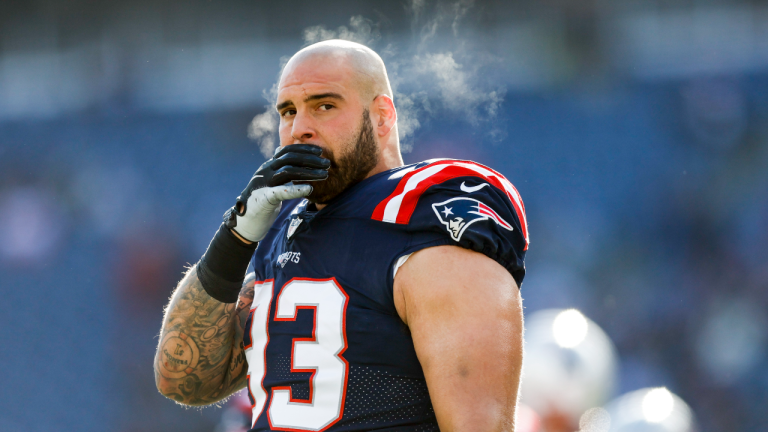 New England Patriots defensive end Lawrence Guy (93) warms up before the start of an NFL football game against the Cincinnati Bengals, Dec. 24, 2022 (AP)