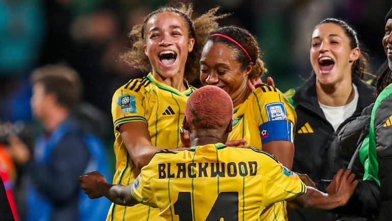 Jamaican players celebrate at the end of the Women's World Cup Group F soccer match between Panama and Jamaica in Perth, Australia, Saturday, July 29, 2023. Jamaica won 1-0. (Gary Day/AP) 