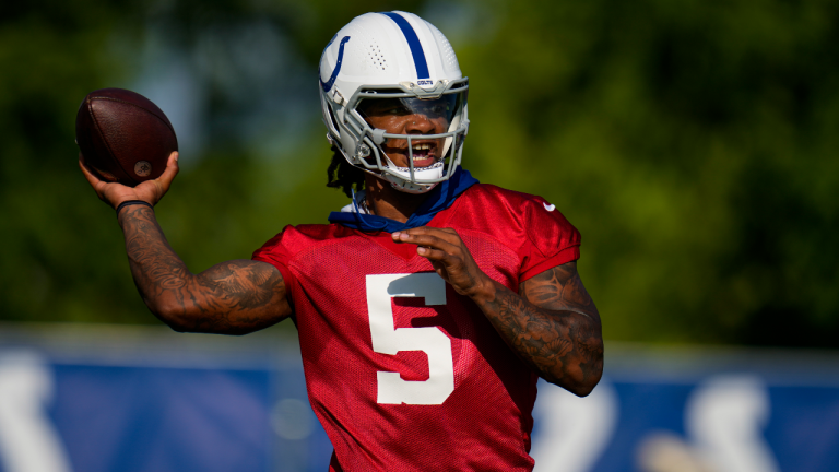 Indianapolis Colts quarterback Anthony Richardson throws at NFL team's football training camp in Westfield, Ind., Saturday, July 29, 2023. (AP)